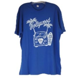 L HOLLYWOOD CALIFORNIA VW Volkswagon bus van surf SURFBOARD blue TSHIRT large